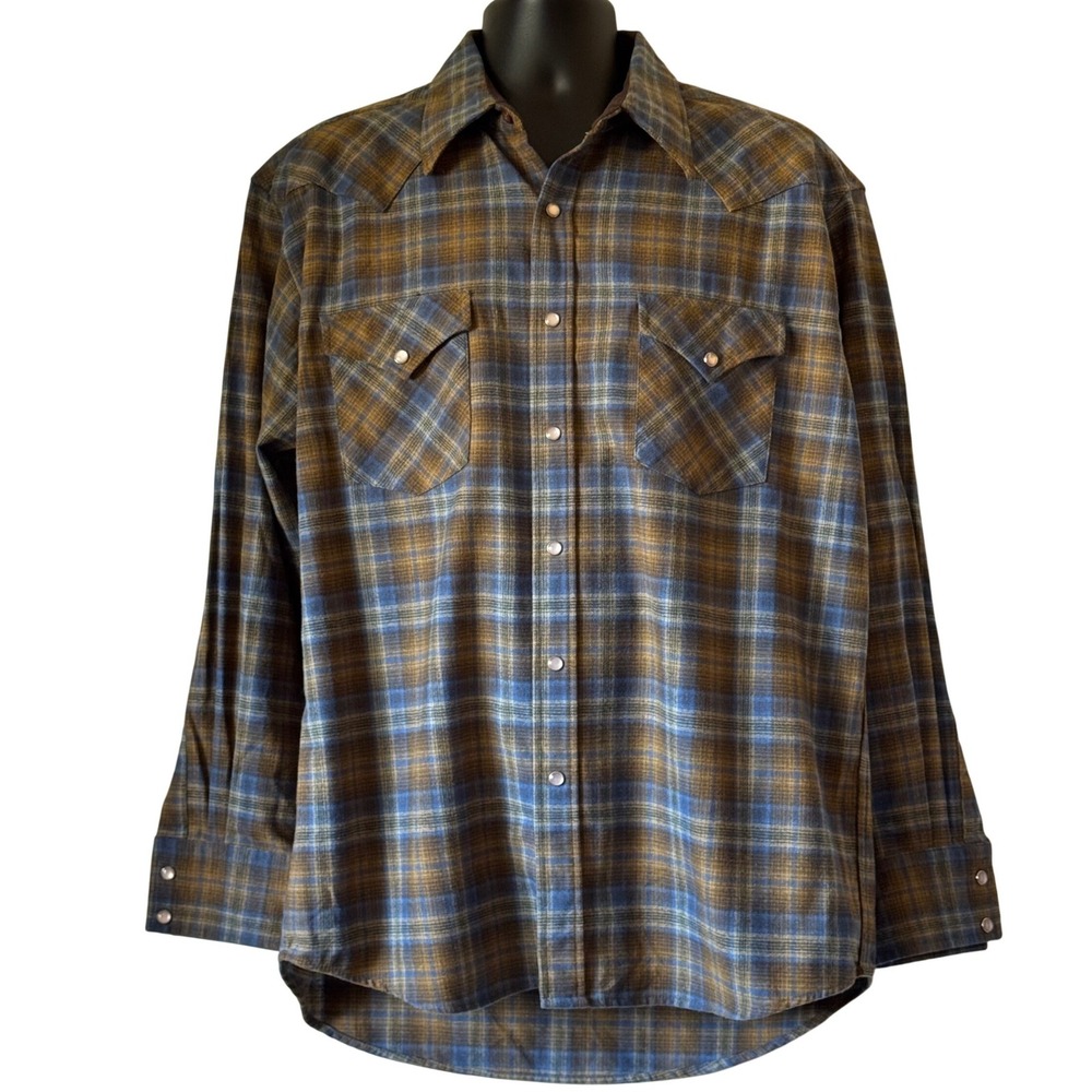 Pendleton High Grade Western Wear Shirt Men's Large Brown Blue Wool Plaid Snap